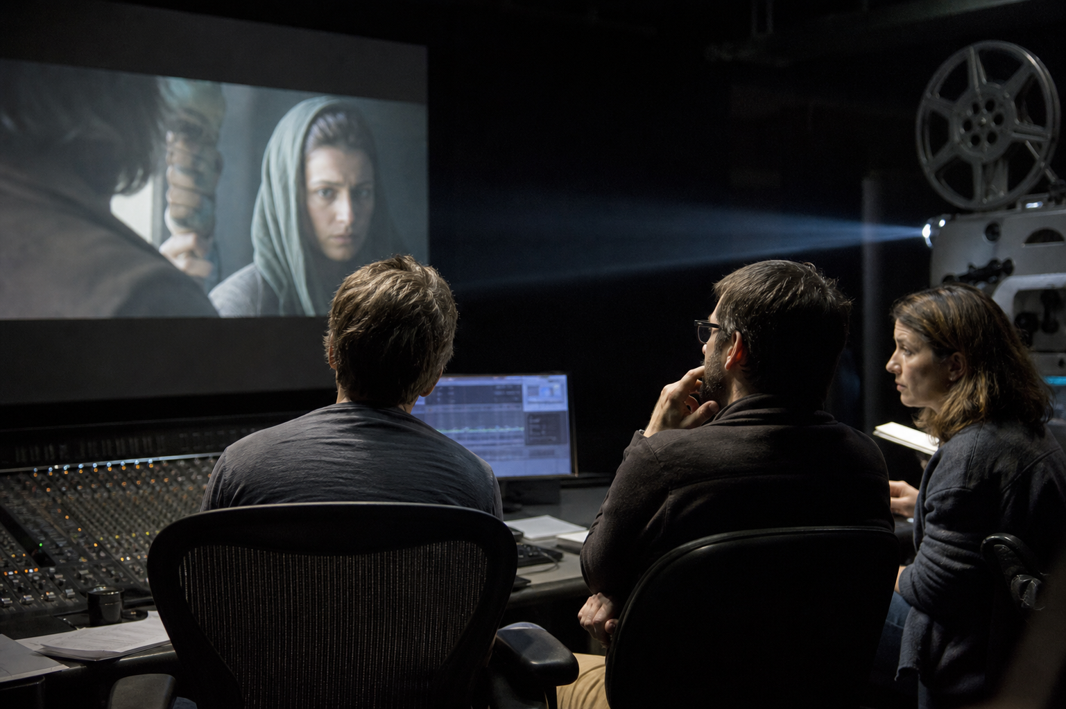 Équipe son regardant une scène de film